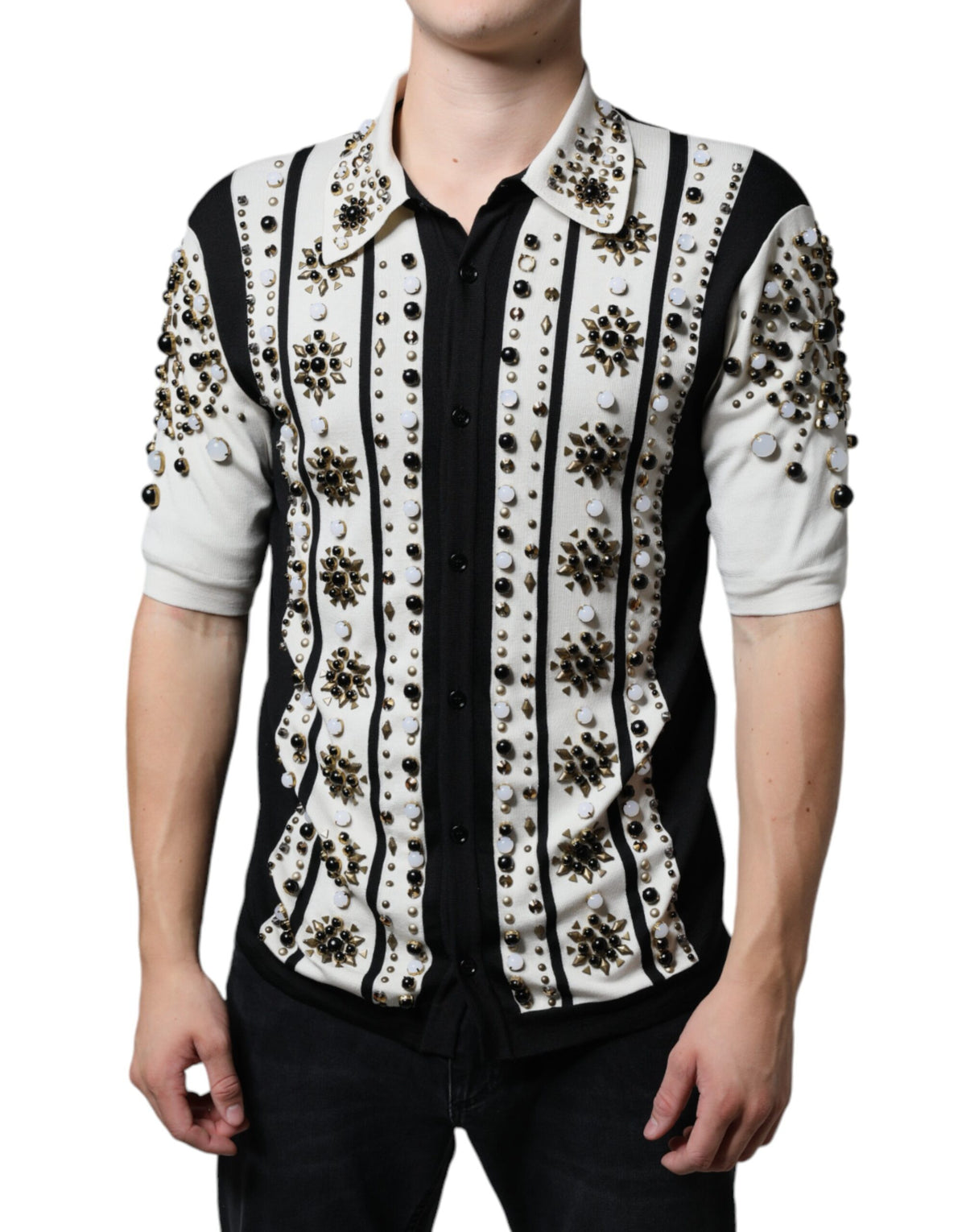 Dolce & Gabbana White Black Silk Studded Stone Crystal Shirt -   -  Dolce & Gabbana.
