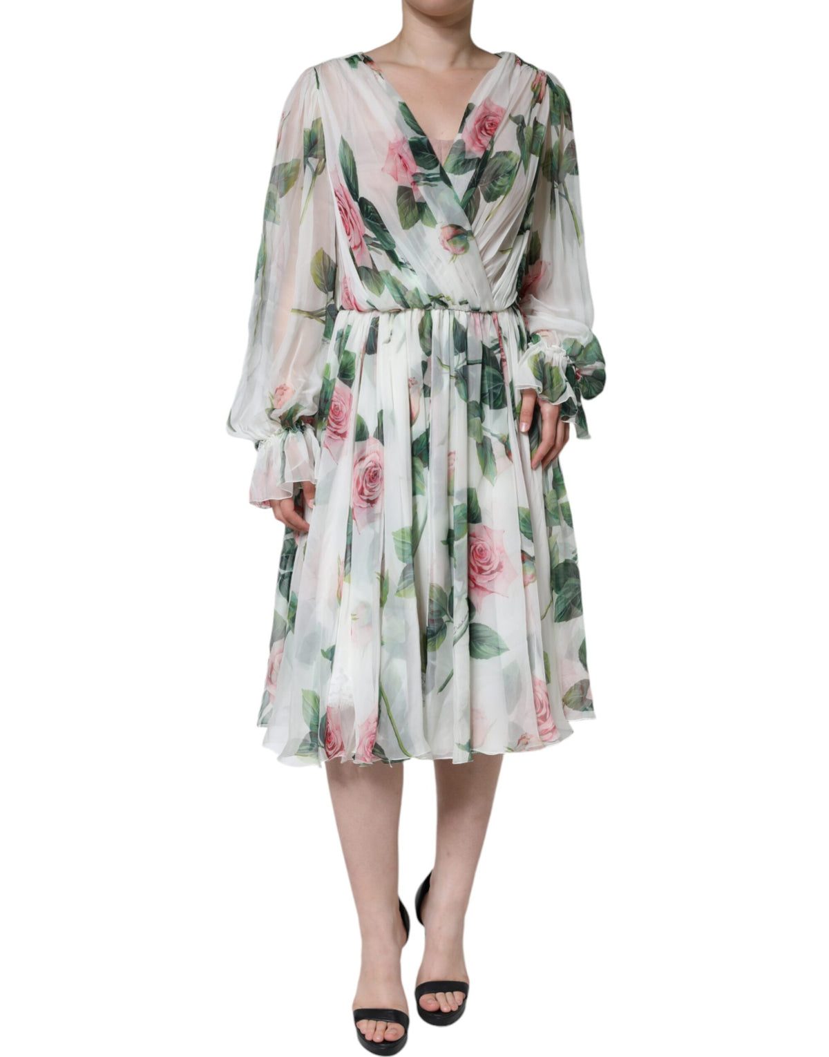 Dolce & Gabbana White Silk Floral Print A-line Midi Dress -   -  Dolce & Gabbana.