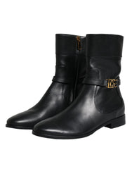 Dolce & Gabbana Black Leather Logo Mid Calf Boots Shoes -   -  Dolce & Gabbana.