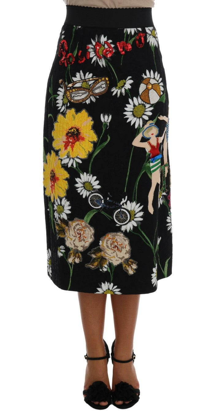 Dolce & Gabbana Black Embellished Daisy Brocade Skirt -   -  Dolce & Gabbana.