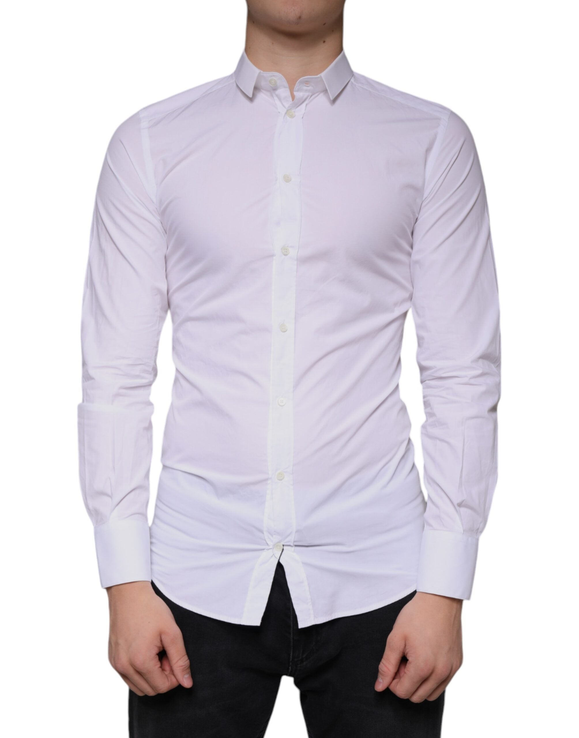 Dolce & Gabbana White Cotton Dress GOLD Formal Collared Shirt - - Dolce & Gabbana.