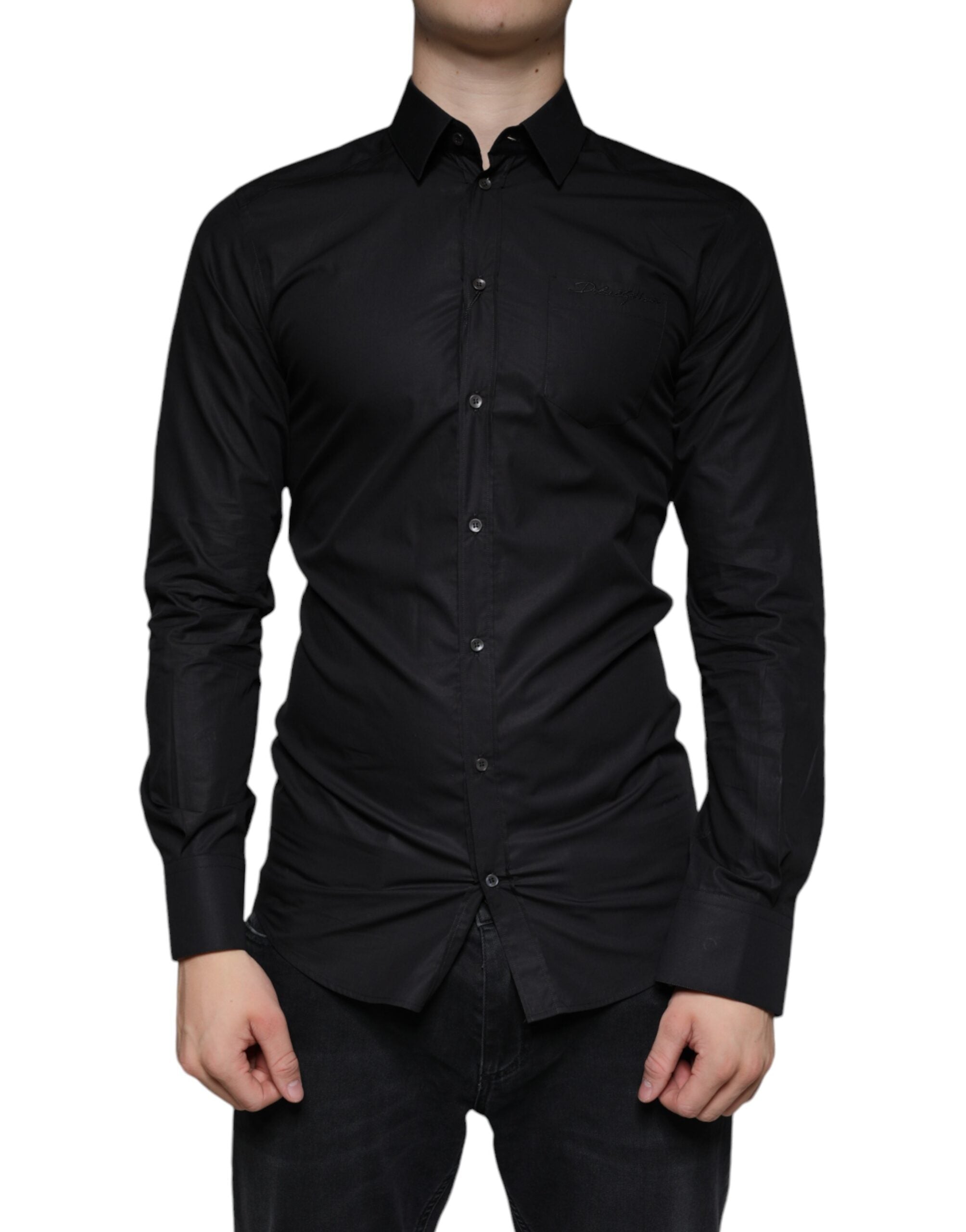 Dolce & Gabbana Black Cotton Stretch Dress GOLD Formal Shirt - - Dolce & Gabbana.
