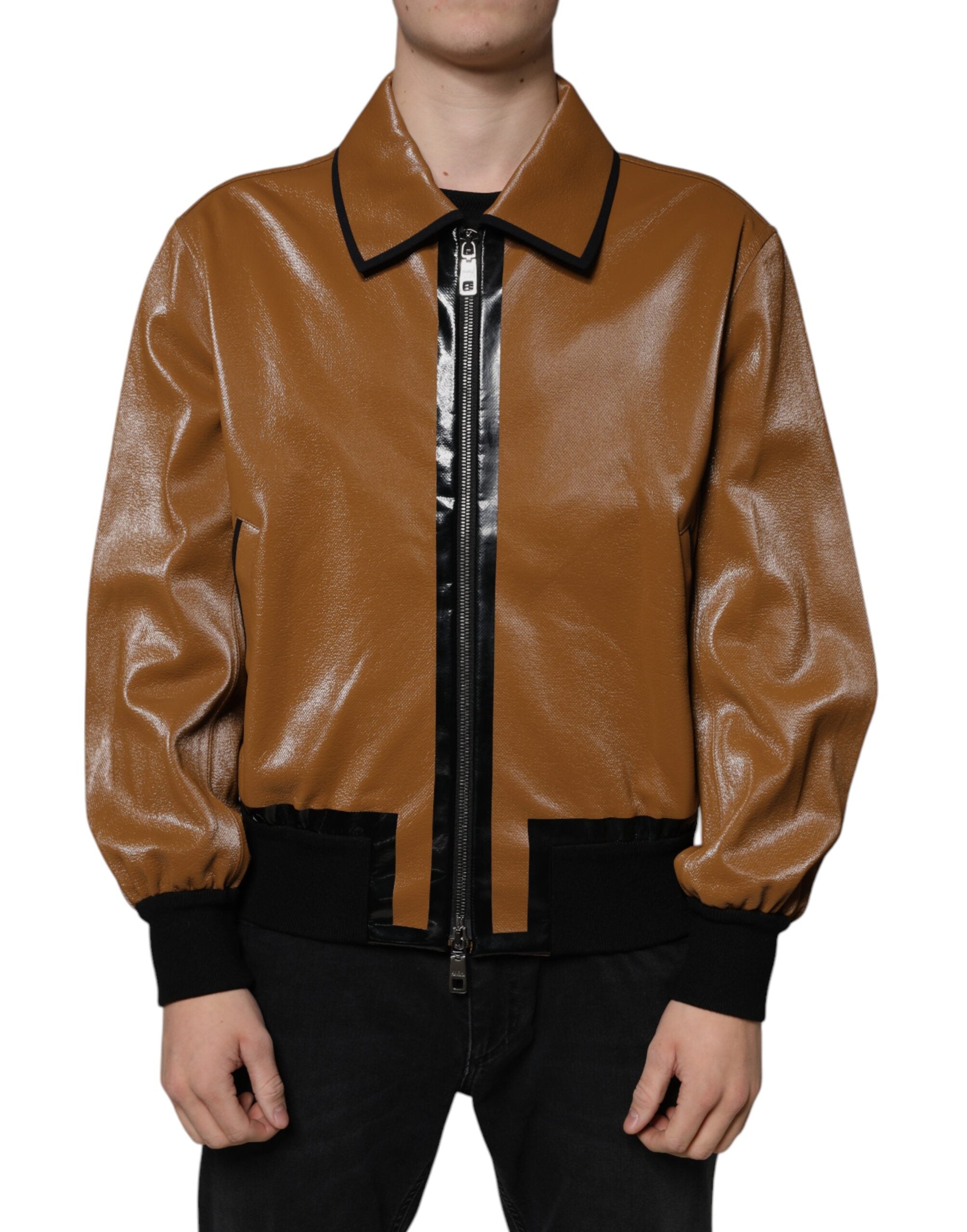 Dolce & Gabbana Brown Leather Full Zip Men Bomber Jacket - - Dolce & Gabbana.