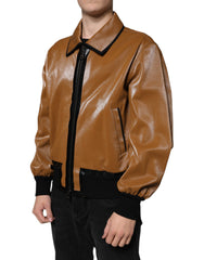 Dolce & Gabbana Brown Leather Full Zip Men Bomber Jacket - - Dolce & Gabbana.