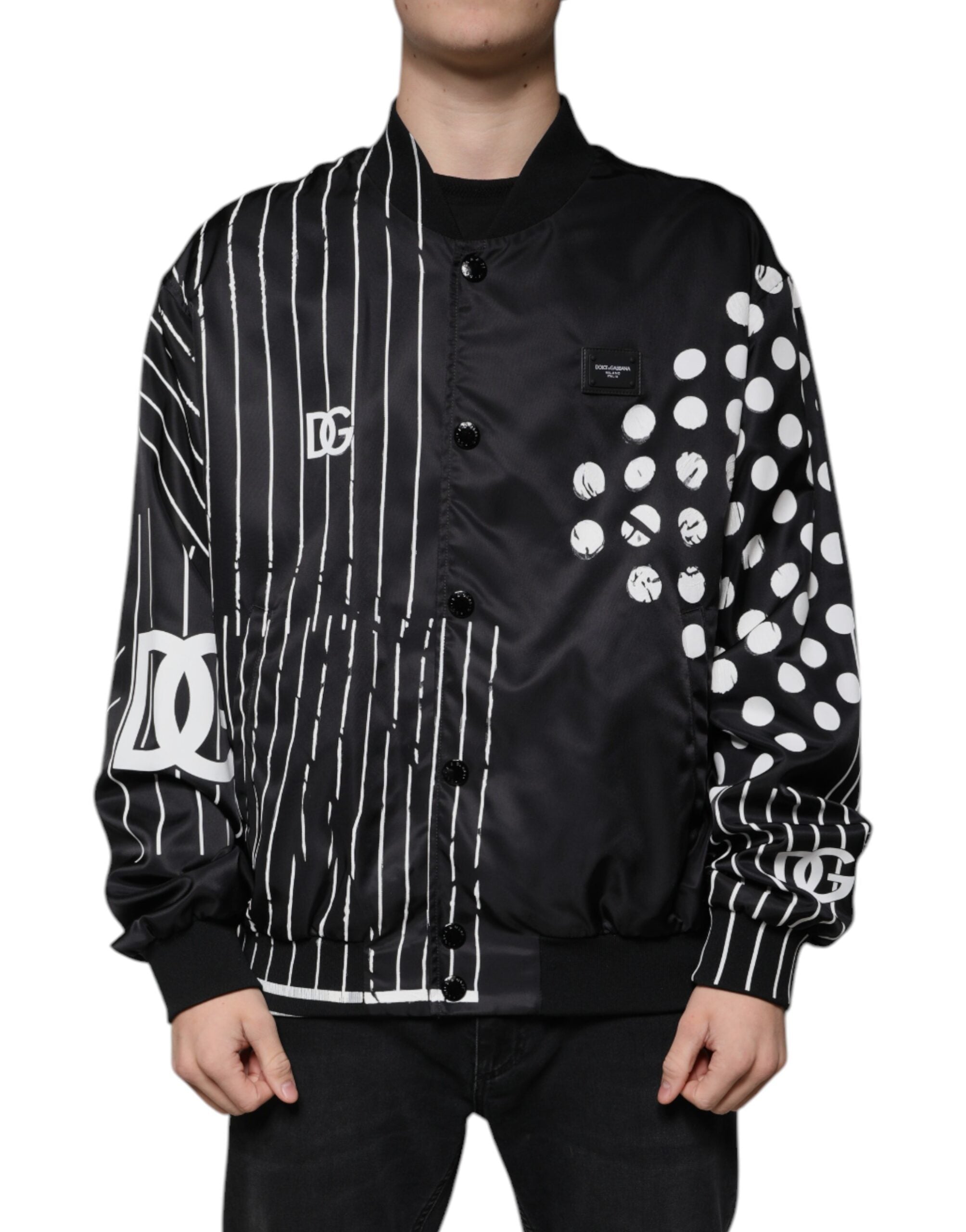 Dolce & Gabbana Black Polka Dot Stripe Nylon Bomber Jacket - - Dolce & Gabbana.