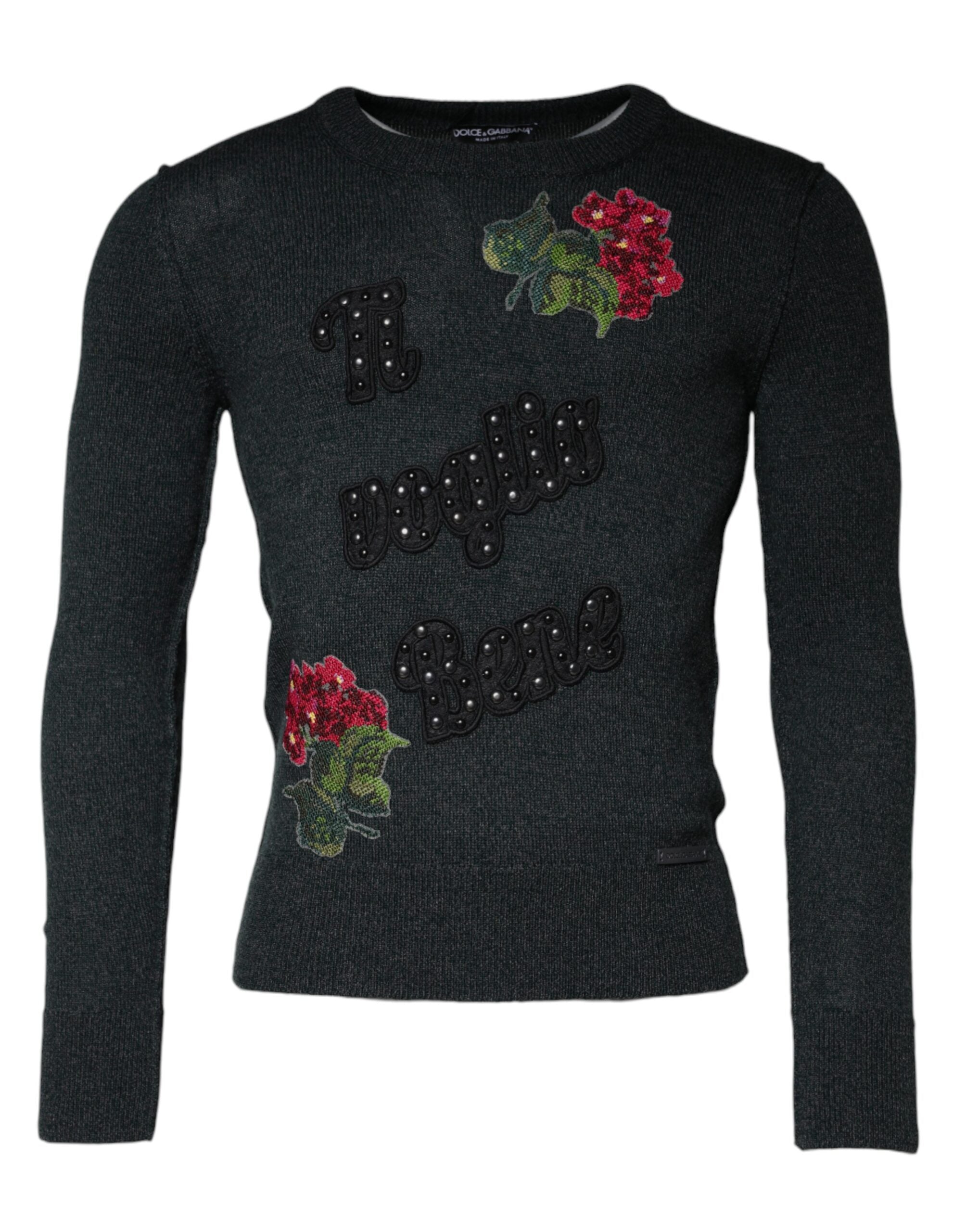 Dolce & Gabbana Gray Embellished Crew Neck Pullover Sweater - - Dolce & Gabbana.