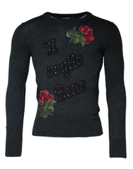 Dolce & Gabbana Gray Embellished Crew Neck Pullover Sweater - - Dolce & Gabbana.