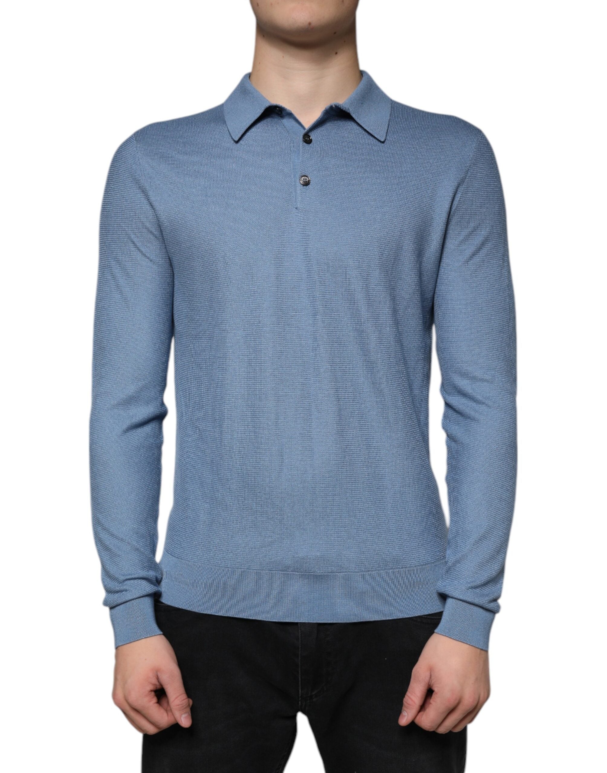 Dolce & Gabbana Sky Blue Silk Collared Men Pullover Sweater - - Dolce & Gabbana.