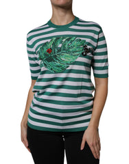 Dolce & Gabbana White Green Stripe Leaf Crew Neck T-shirt -   -  Dolce & Gabbana.