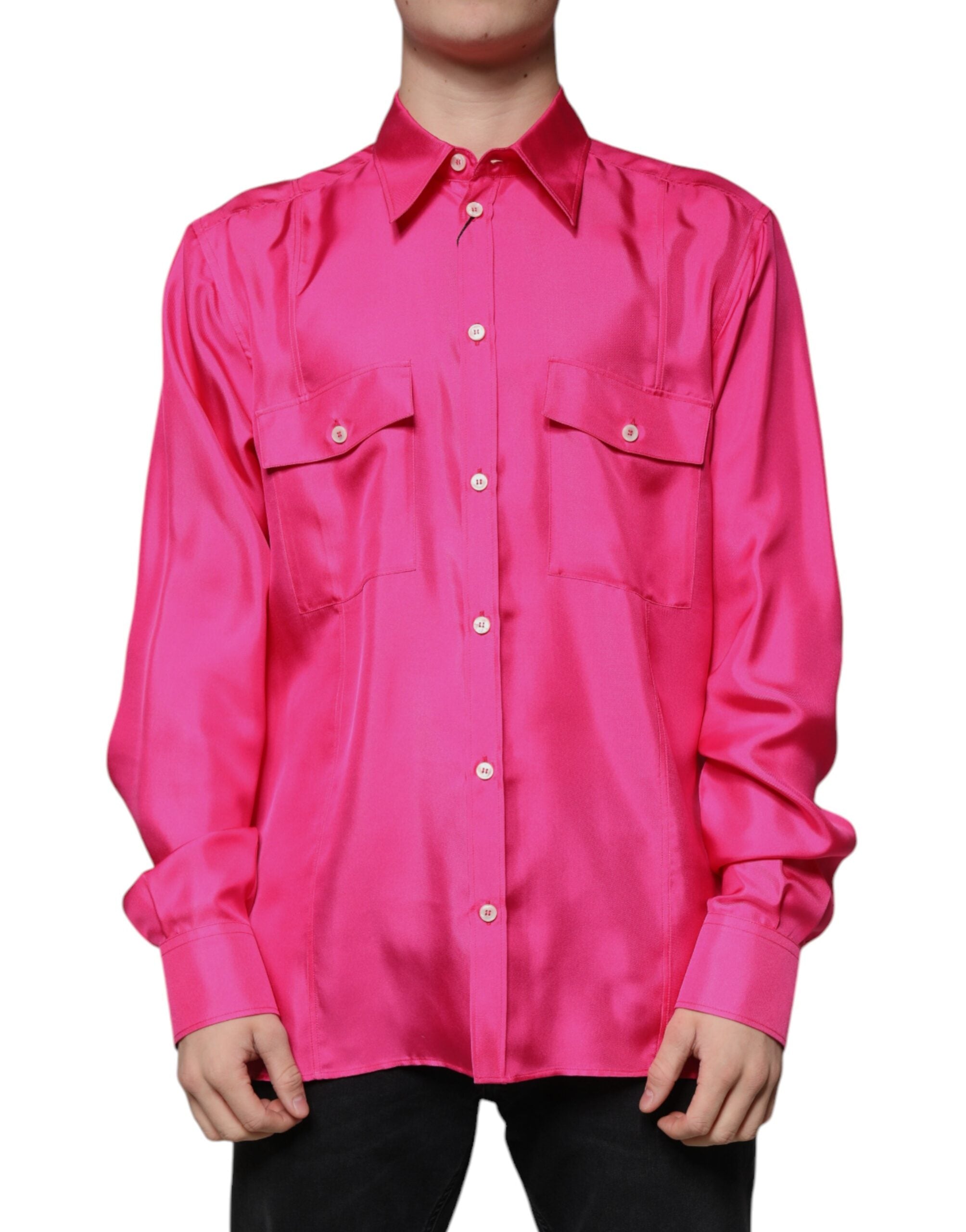 Dolce & Gabbana Pink Silk Collared Button Down Men Shirt -   -  Dolce & Gabbana.