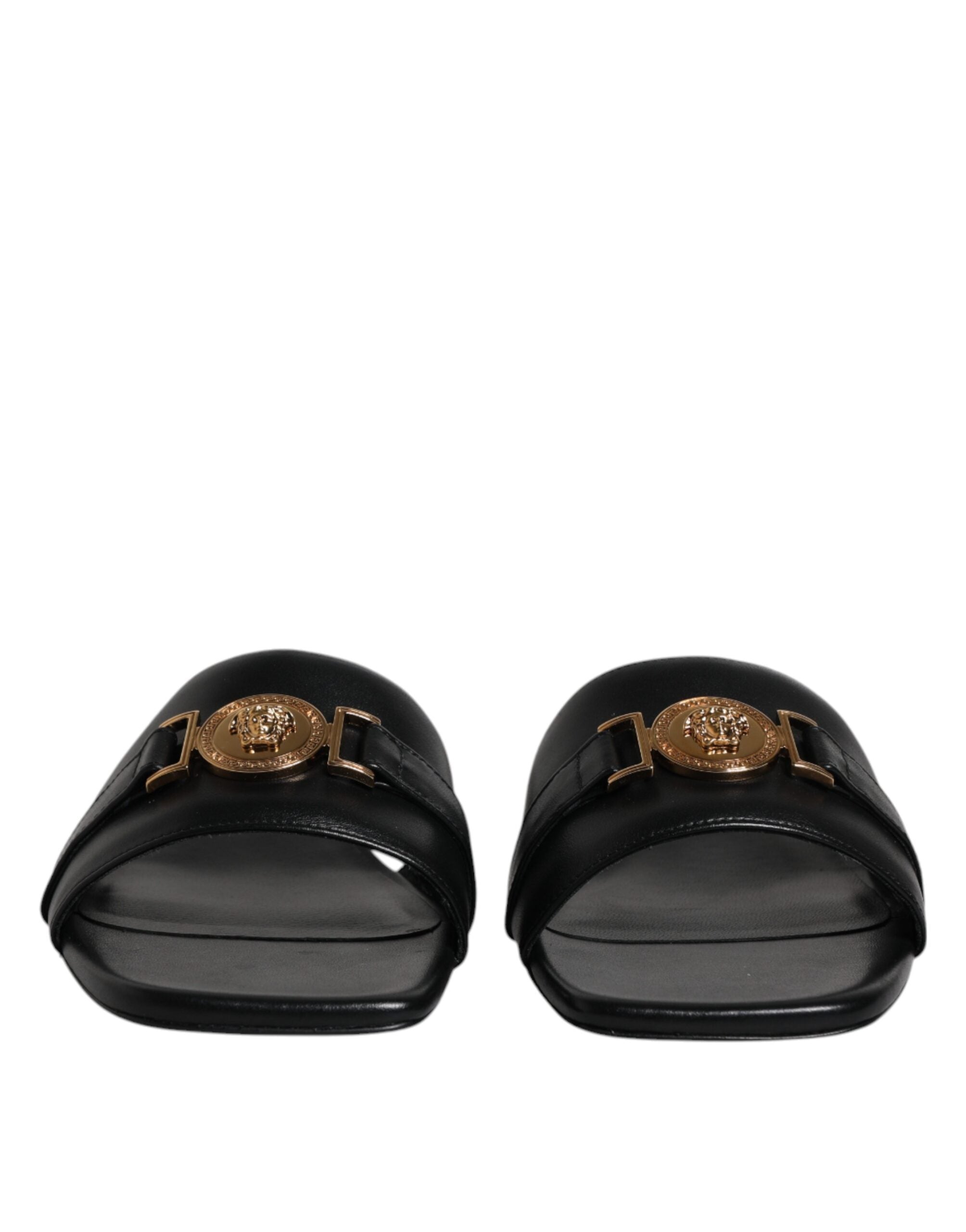 Versace Black Leather Logo Plaque Slip On Slides Flats Shoes -   -  Versace. Versace Black Leather Logo Plaque Slip On Slides Flats Shoes -   -  Versace.