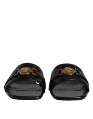 Versace Black Leather Logo Plaque Slip On Slides Flats Shoes -   -  Versace.