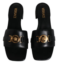 Versace Black Leather Logo Plaque Slip On Slides Flats Shoes -   -  Versace.