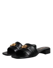 Versace Black Leather Logo Plaque Slip On Slides Flats Shoes -   -  Versace.