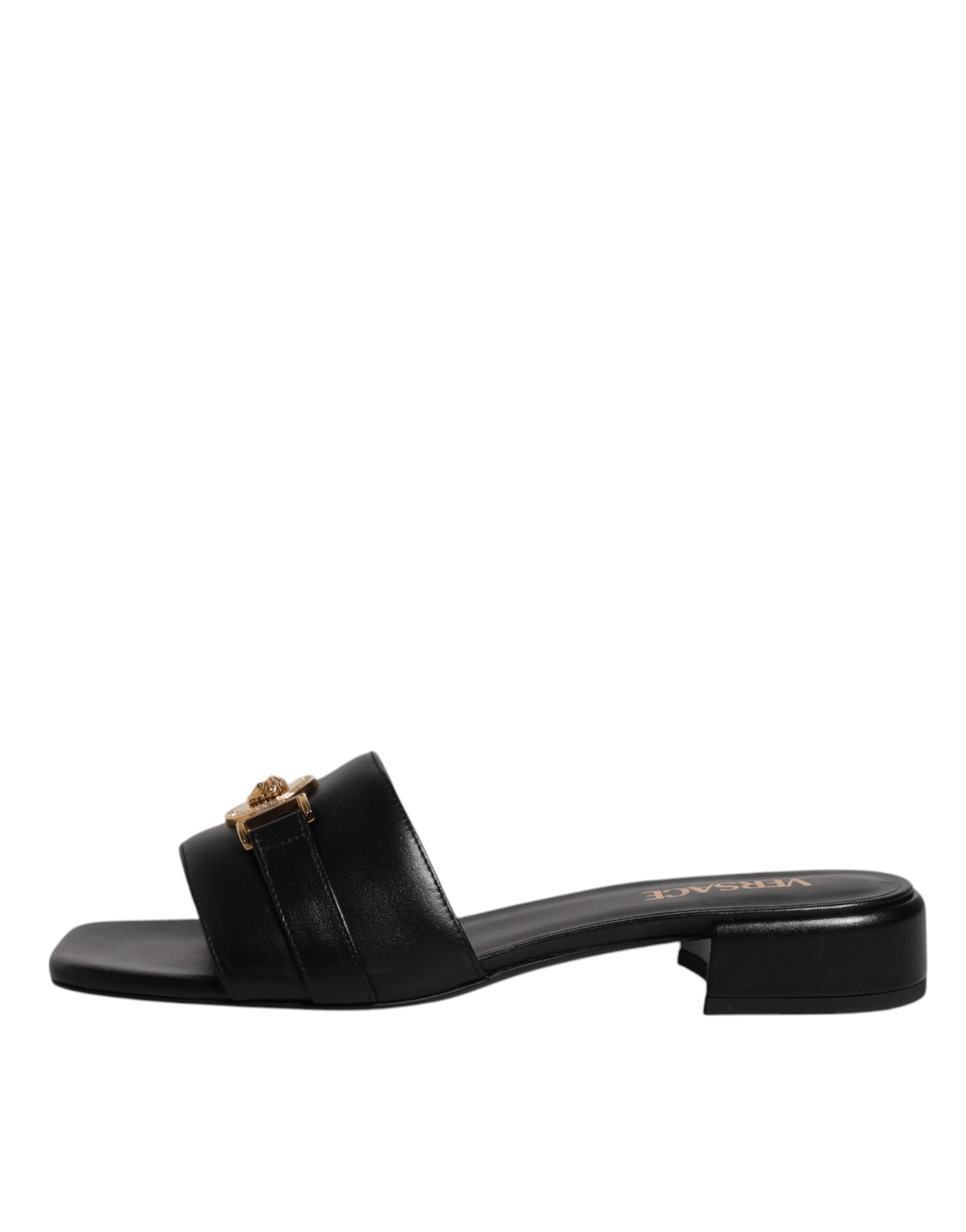 Versace Black Leather Logo Plaque Slip On Slides Flats Shoes -   -  Versace. Versace Black Leather Logo Plaque Slip On Slides Flats Shoes -   -  Versace.