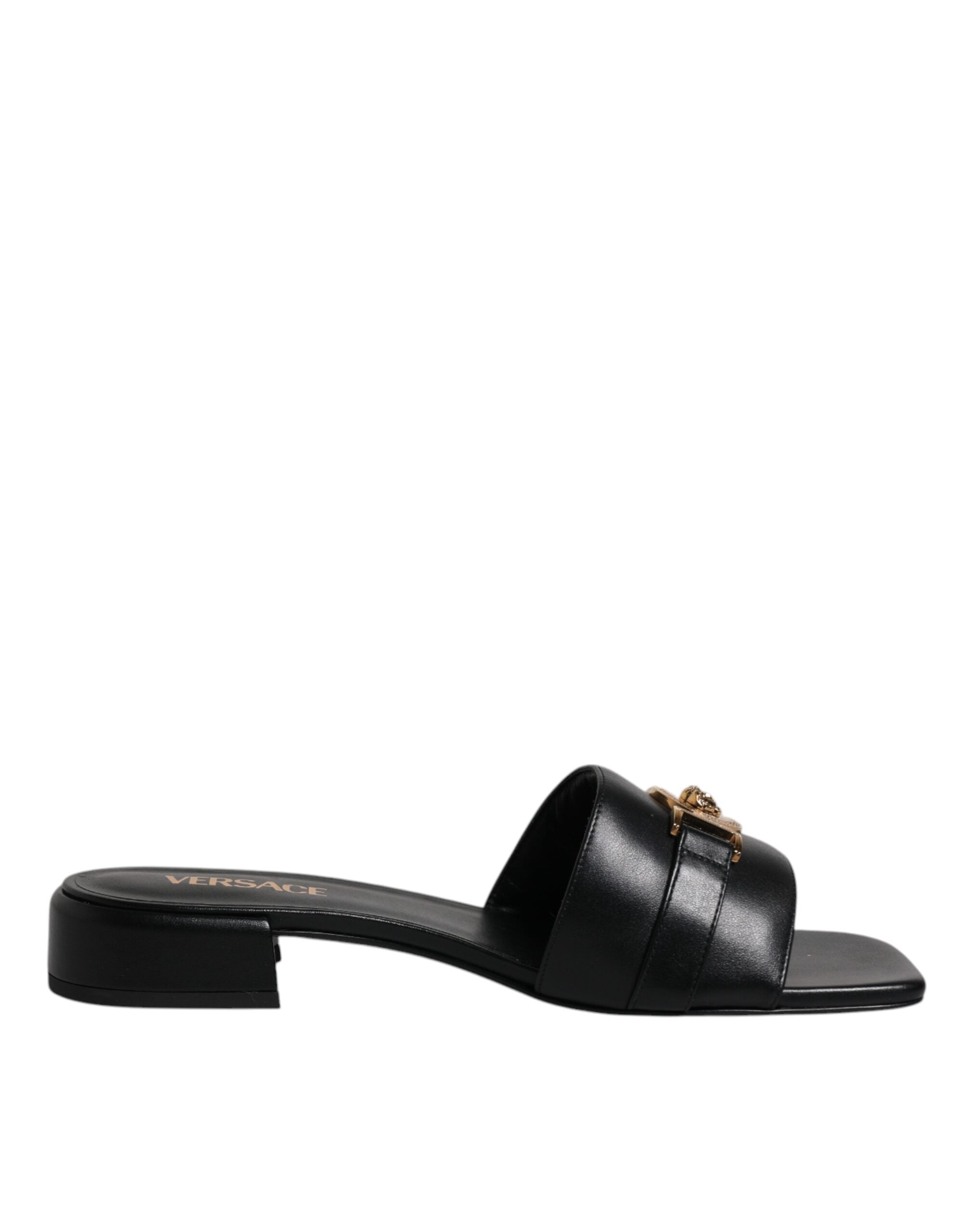 Versace Black Leather Logo Plaque Slip On Slides Flats Shoes -   -  Versace. Versace Black Leather Logo Plaque Slip On Slides Flats Shoes -   -  Versace.