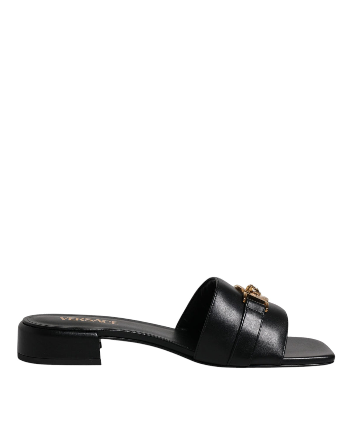 Versace Black Leather Logo Plaque Slip On Slides Flats Shoes -   -  Versace.