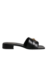Versace Black Leather Logo Plaque Slip On Slides Flats Shoes -   -  Versace.