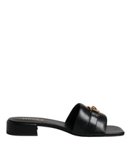 Versace Black Leather Logo Plaque Slip On Slides Flats Shoes -   -  Versace.