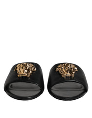 Versace Black Leather Logo Plaque Slip On Slides Flats Shoes -   -  Versace.
