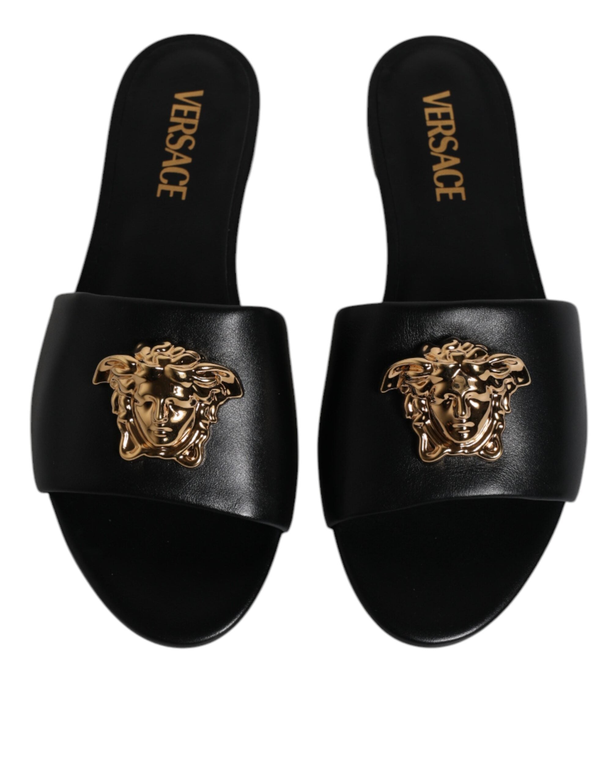 Versace Black Leather Logo Plaque Slip On Slides Flats Shoes -   -  Versace. Versace Black Leather Logo Plaque Slip On Slides Flats Shoes -   -  Versace.