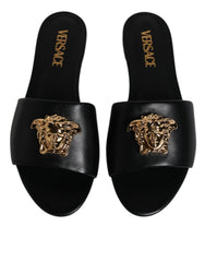 Versace Black Leather Logo Plaque Slip On Slides Flats Shoes -   -  Versace.