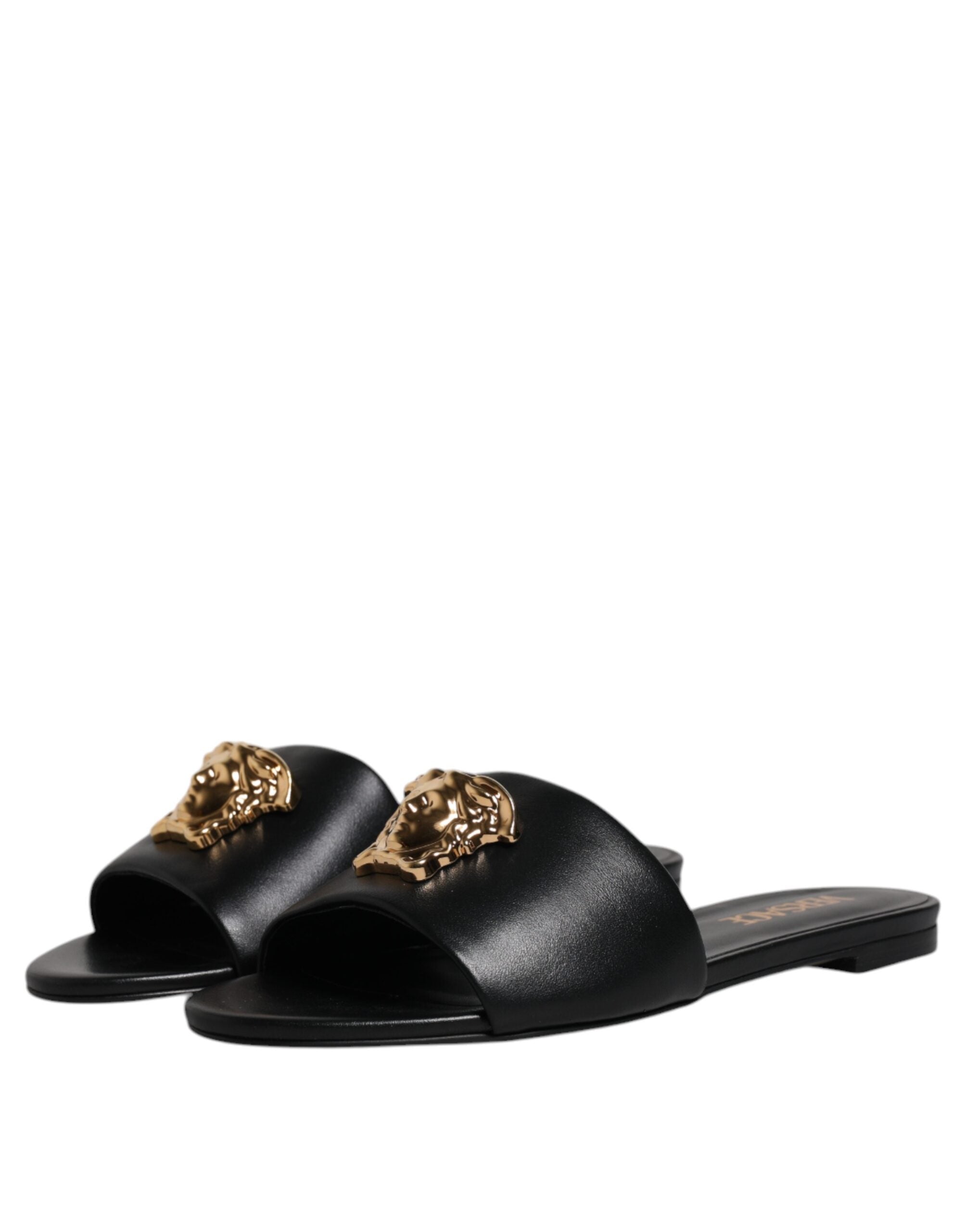 Versace Black Leather Logo Plaque Slip On Slides Flats Shoes -   -  Versace. Versace Black Leather Logo Plaque Slip On Slides Flats Shoes -   -  Versace.