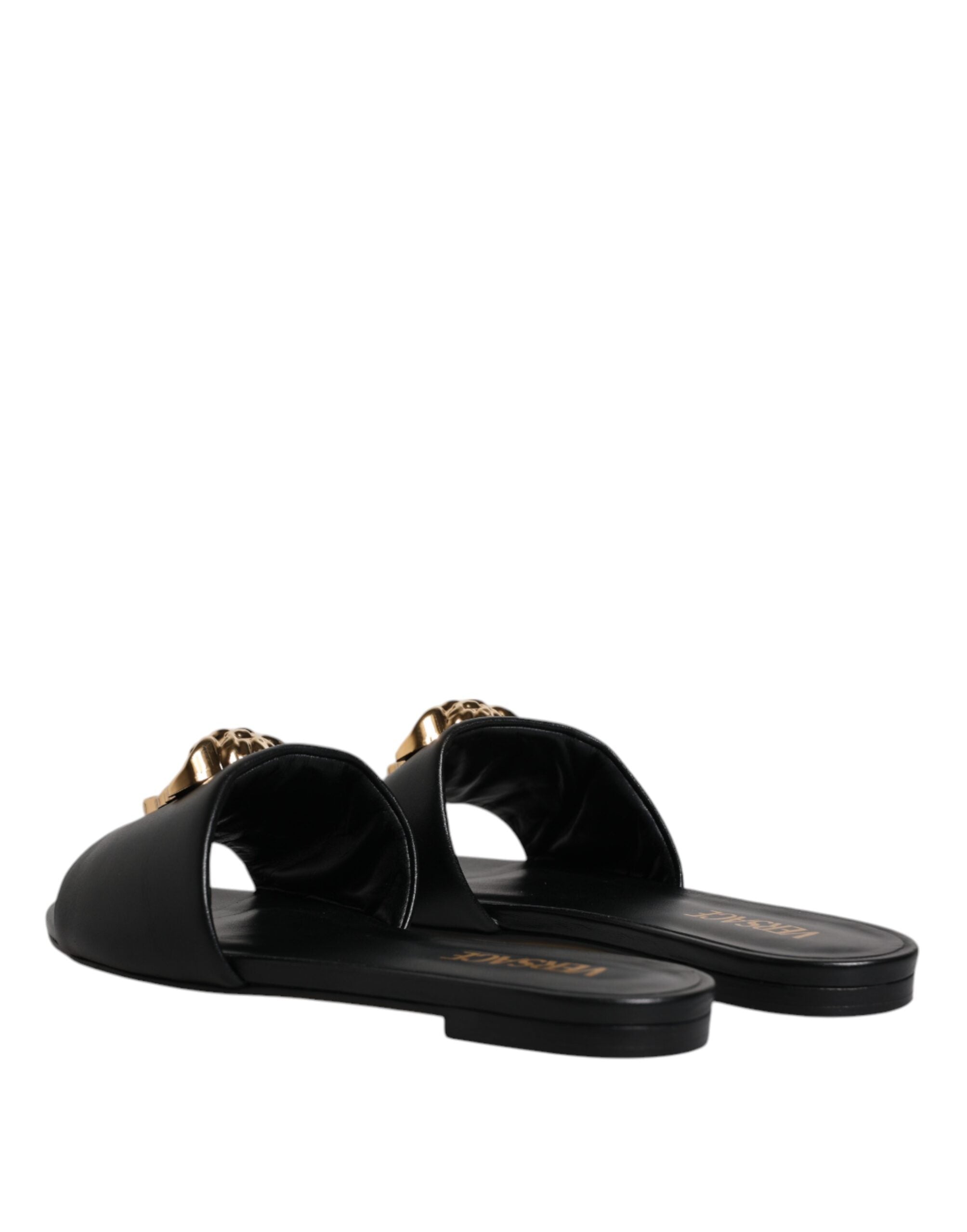 Versace Black Leather Logo Plaque Slip On Slides Flats Shoes -   -  Versace. Versace Black Leather Logo Plaque Slip On Slides Flats Shoes -   -  Versace.