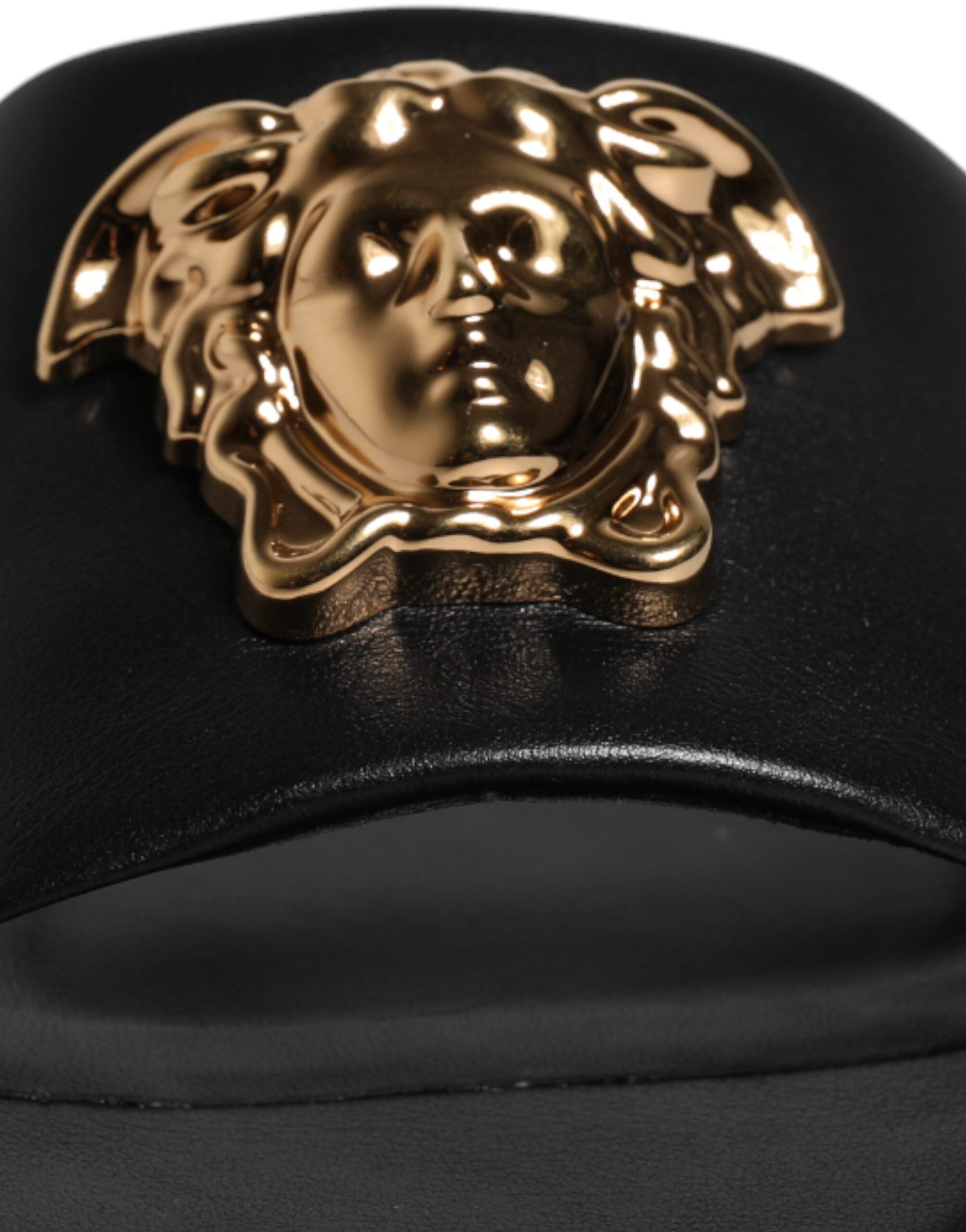 Versace Black Leather Logo Plaque Slip On Slides Flats Shoes -   -  Versace. Versace Black Leather Logo Plaque Slip On Slides Flats Shoes -   -  Versace.