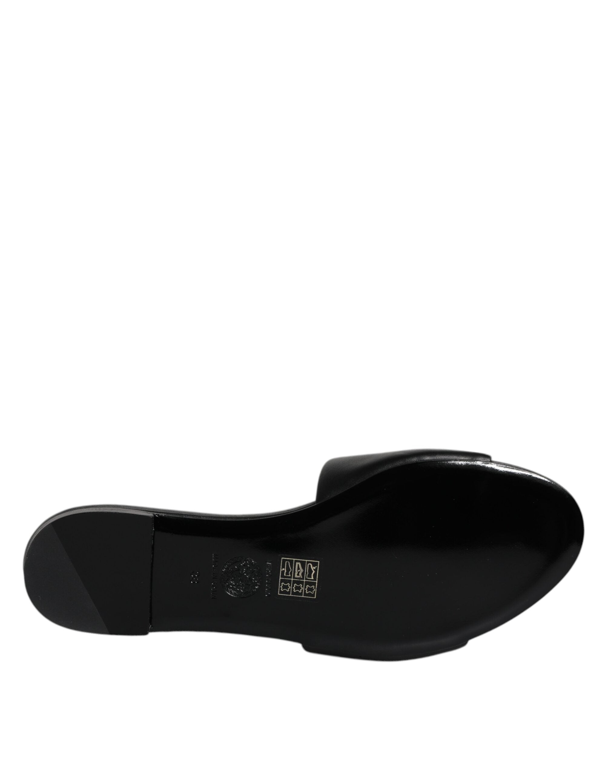 Versace Black Leather Logo Plaque Slip On Slides Flats Shoes -   -  Versace. Versace Black Leather Logo Plaque Slip On Slides Flats Shoes -   -  Versace.