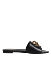 Versace Black Leather Logo Plaque Slip On Slides Flats Shoes -   -  Versace.