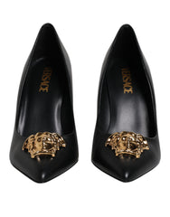 Versace Black Leather Logo Plaque High Heels Pumps Shoes -   -  Versace.