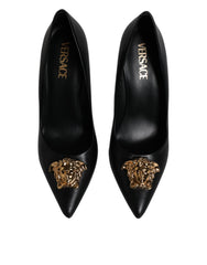 Versace Black Leather Logo Plaque High Heels Pumps Shoes -   -  Versace.