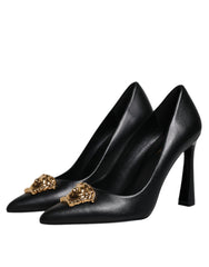 Versace Black Leather Logo Plaque High Heels Pumps Shoes -   -  Versace.