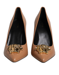 Versace Brown Leather Logo Plaque High Heels Pumps Shoes -   -  Versace.
