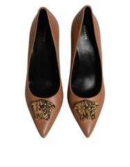 Versace Brown Leather Logo Plaque High Heels Pumps Shoes -   -  Versace.