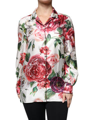 Dolce & Gabbana White Peony Silk Long Sleeves Collared Blouse Top -   -  Dolce & Gabbana.