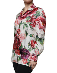 Dolce & Gabbana White Peony Silk Long Sleeves Collared Blouse Top -   -  Dolce & Gabbana.