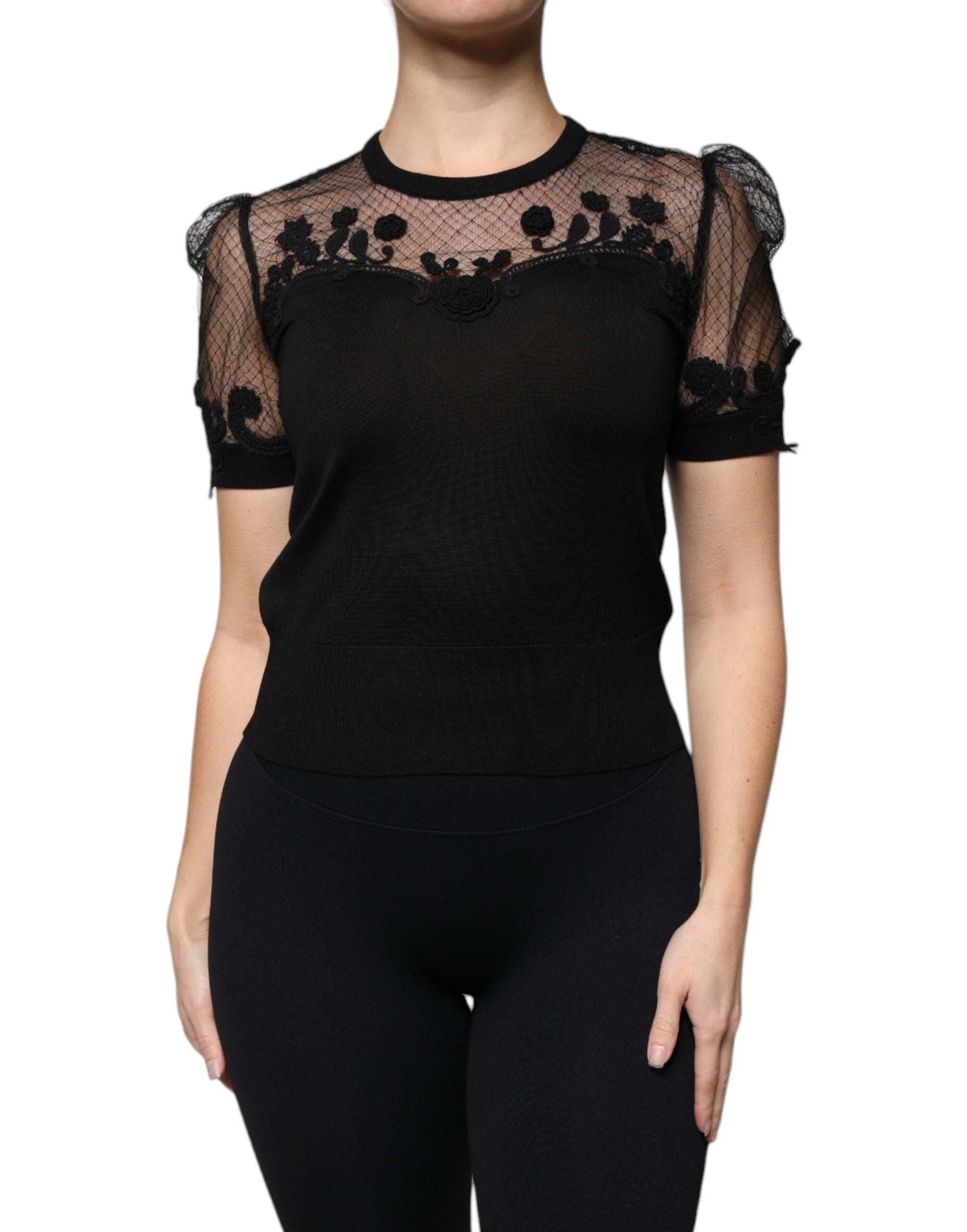 Dolce & Gabbana Black Floral Lace Short Sleeves Blouse Top -   -  Dolce & Gabbana.