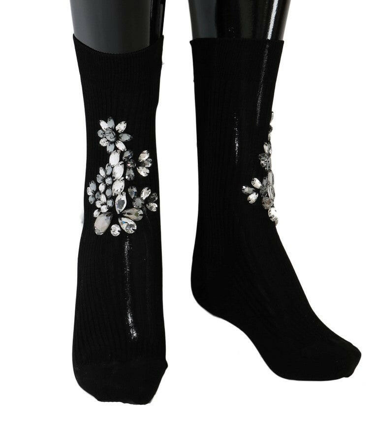 Dolce & Gabbana Black Knitted Floral Clear Crystal Socks -   -  Dolce & Gabbana.