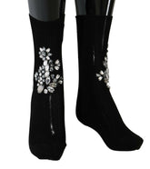 Dolce & Gabbana Black Knitted Floral Clear Crystal Socks -   -  Dolce & Gabbana.