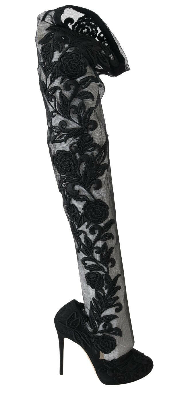 Dolce & Gabbana Black Floral Embroidered Socks Boots -   -  Dolce & Gabbana.