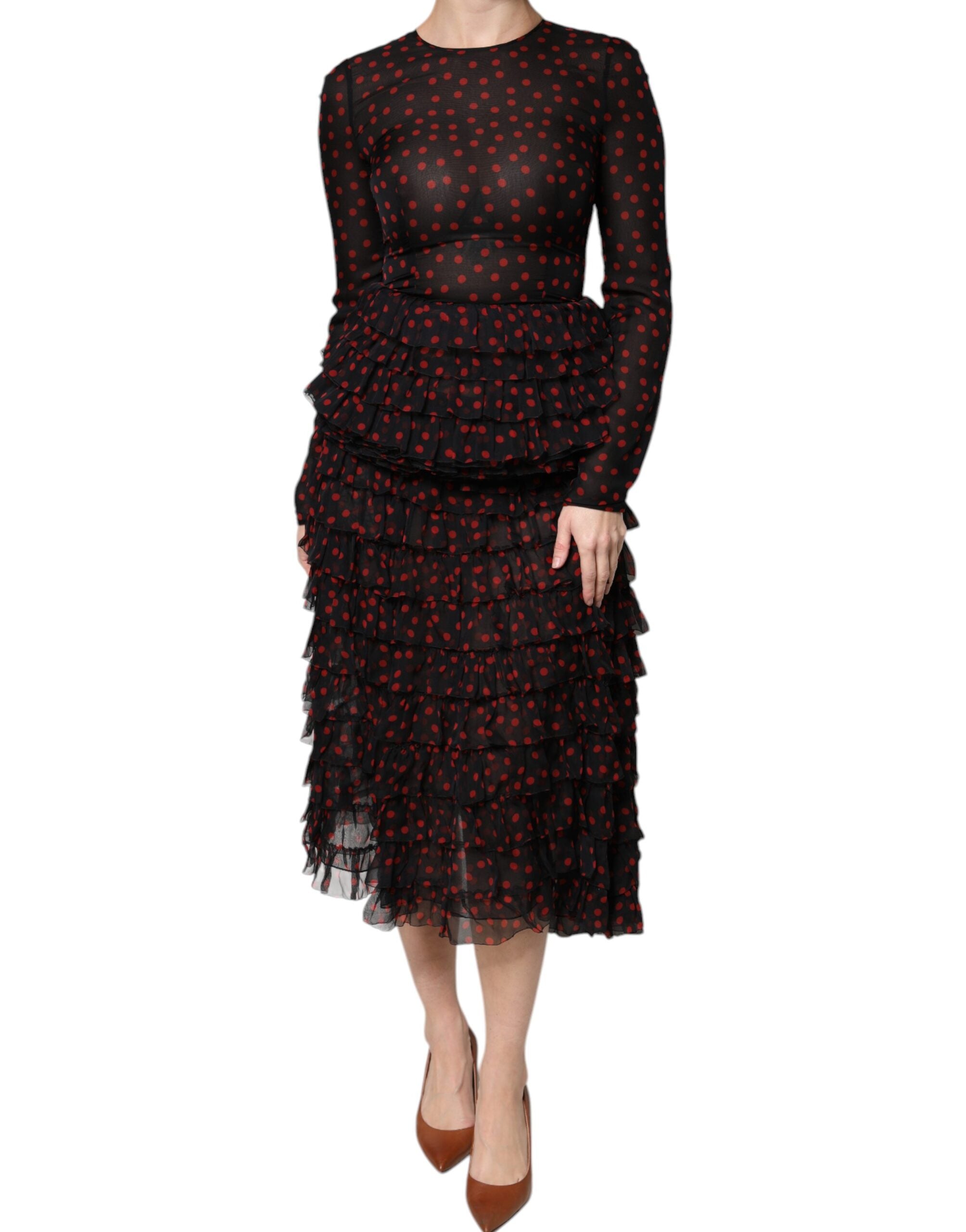 Dolce & Gabbana Black Red Polka Dot Silk Layered Midi Dress -   -  Dolce & Gabbana.