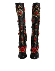 Dolce & Gabbana Black Roses Embellished Leather Heel Boots Shoes -   -  Dolce & Gabbana.
