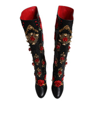 Dolce & Gabbana Black Roses Embellished Leather Heel Boots Shoes -   -  Dolce & Gabbana.