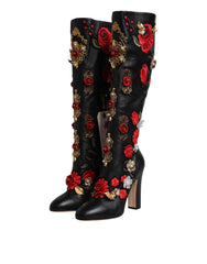 Dolce & Gabbana Black Roses Embellished Leather Heel Boots Shoes -   -  Dolce & Gabbana.