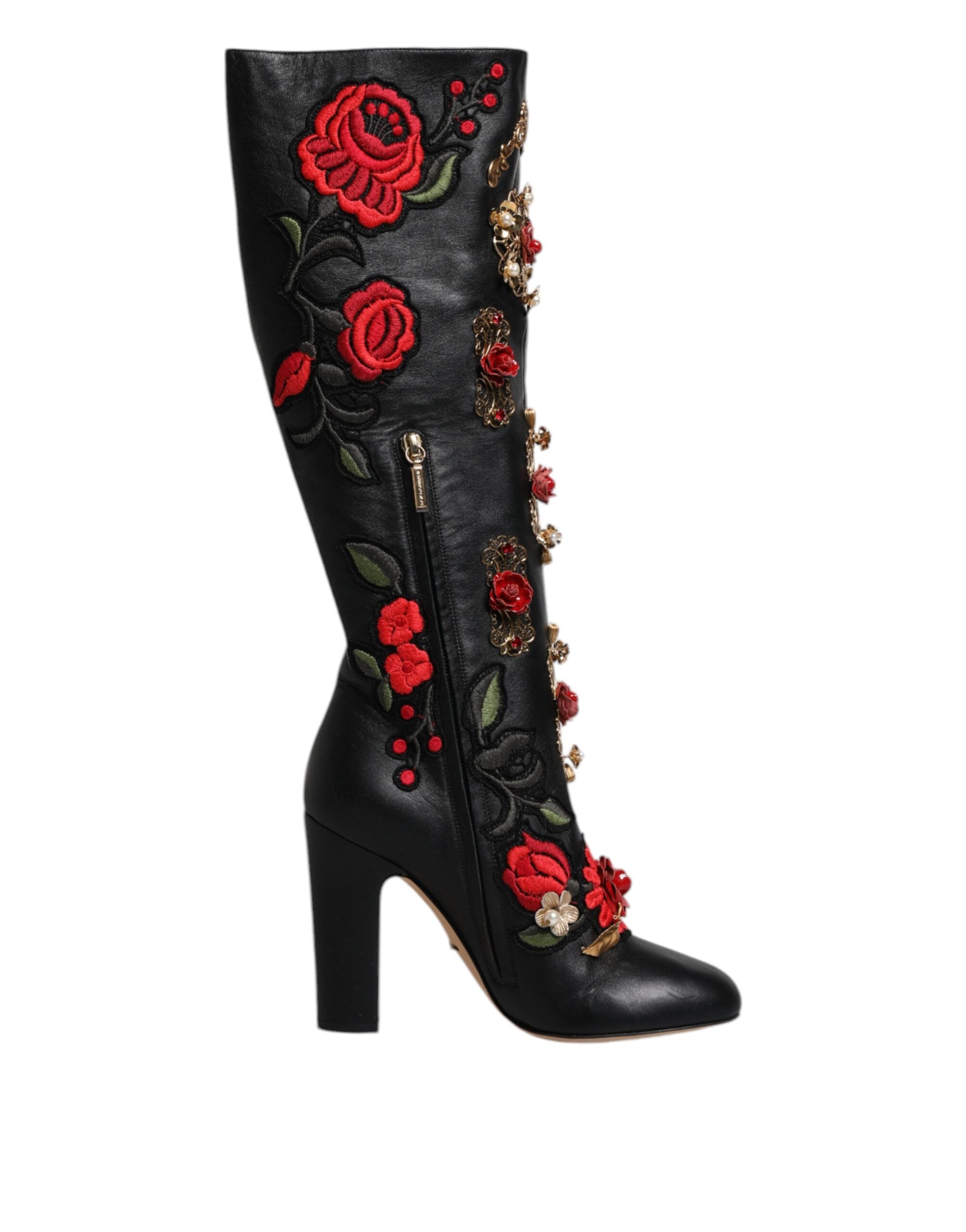 Dolce & Gabbana Black Roses Embellished Leather Heel Boots Shoes -   -  Dolce & Gabbana.