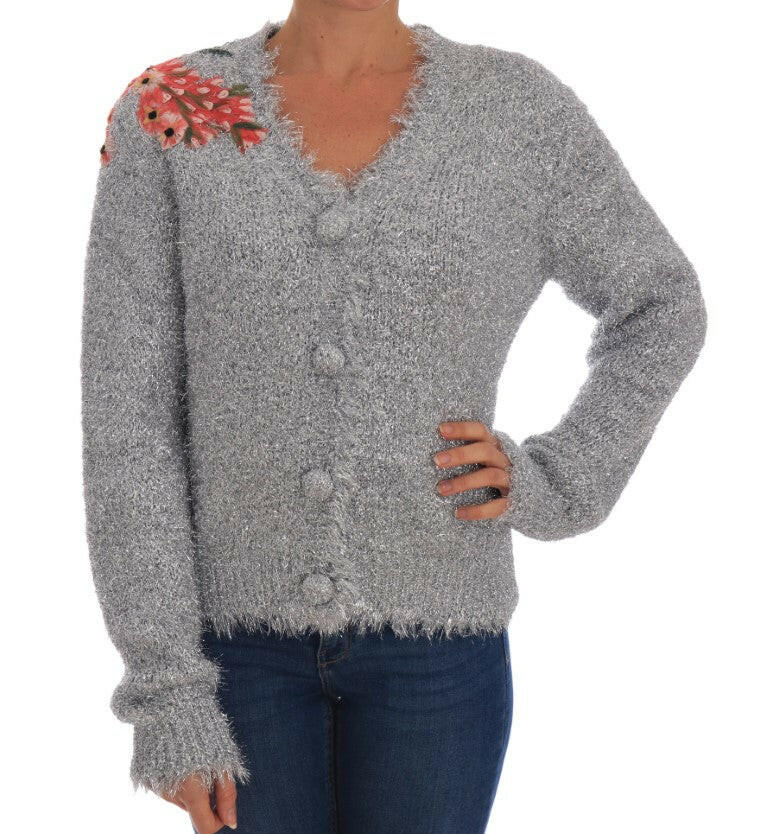 Dolce & Gabbana Silver Cardigan Floral Applique Sweater -   -  Dolce & Gabbana.