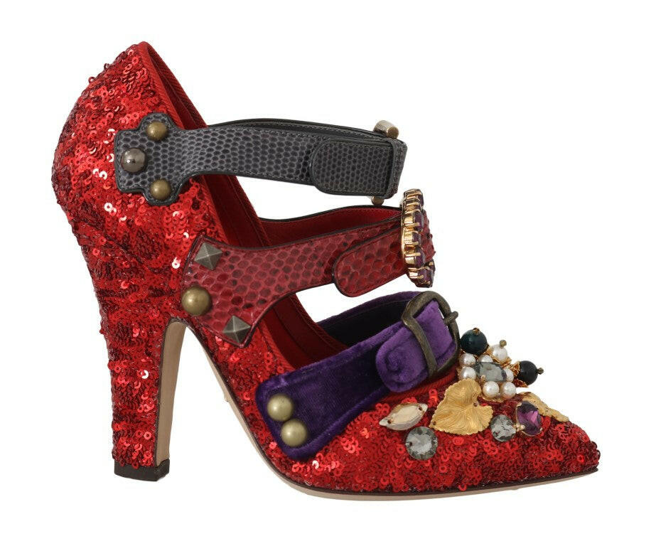 Dolce & Gabbana Red Sequined Crystal Studs Heels Shoes -   -  Dolce & Gabbana.