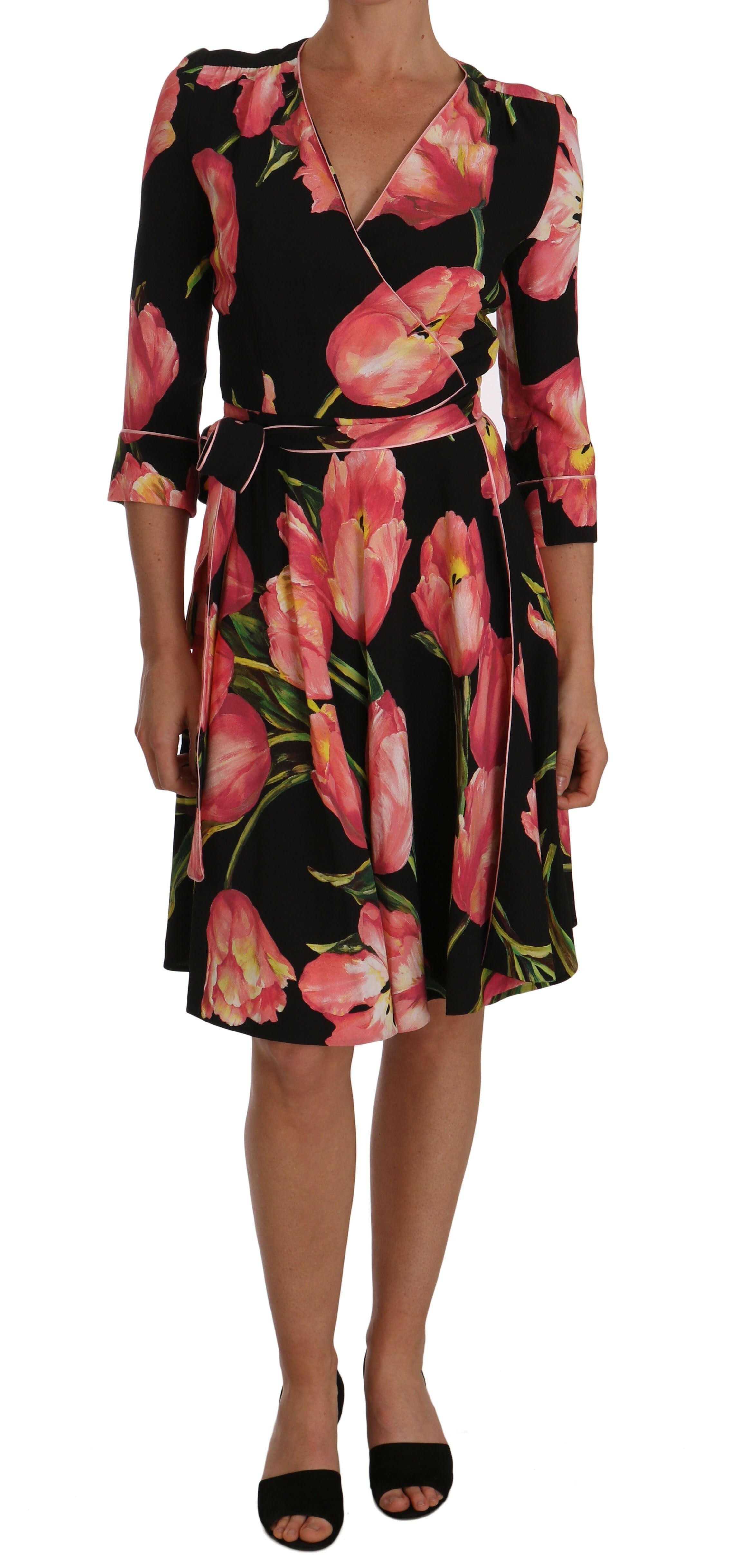 Dolce & Gabbana Black Pink Tulip Print Stretch Shift Dress -   -  Dolce & Gabbana.